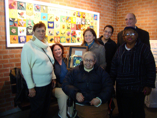 Council Person Melissa Mark-Viverito with artist Jennifer Wade and senior participants Essie, Maria and Barabara. Center Director Floyd Cohen and Creative Arts Manager Juan Santiago