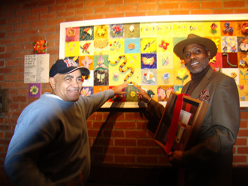 State Senator Bill Perkins with Freddy Pantheleon Frederick Douglass Senior Center Mural, New York, NY.